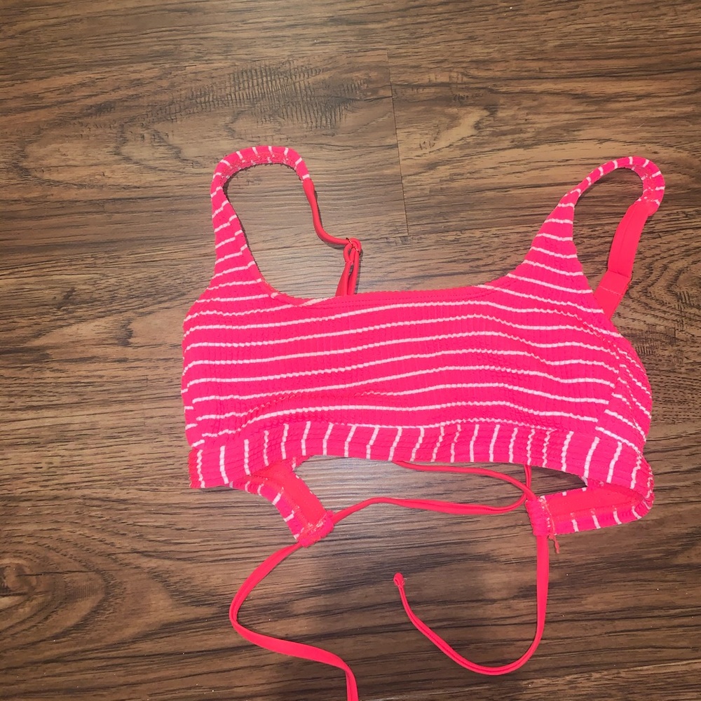 Pink and white striped bikini top